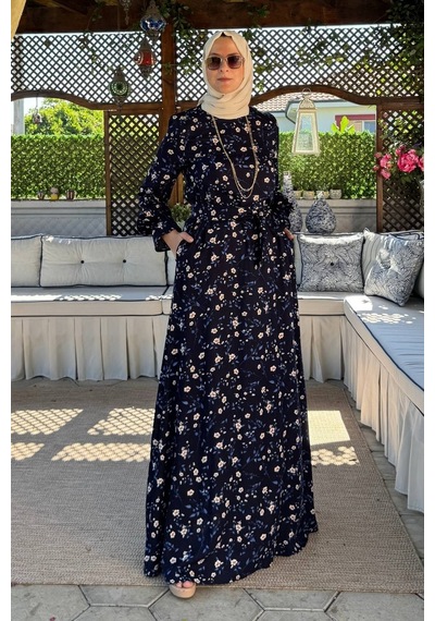 Rabia Şamlı Bihter Mavi Yapraklı Elbise Normal