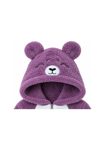 Kız Erkek Bebek Welsoft Peluş Tulum Kapüşonlu Fermuarlı Kışlık Bebek Tulumu Ayıcık Desenli Yumuşak Polar Tulum Mor