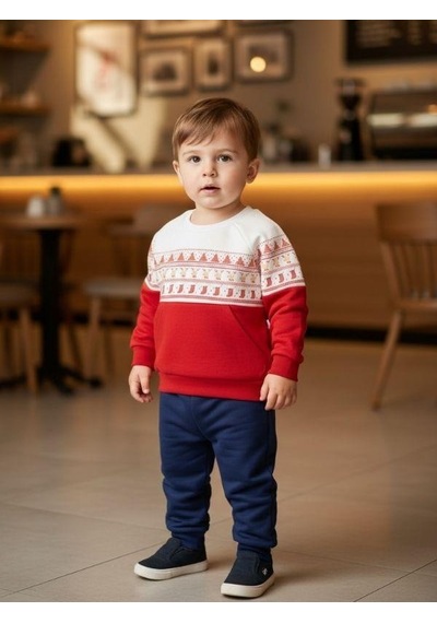 Zekids Erkek Bebek Organik Yılbaşı Temalı Eşofman Takımı-16445 Kırmızı