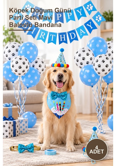4 Adet Köpek Doğum Günü Parti Seti Mavi Balonlu Bandana