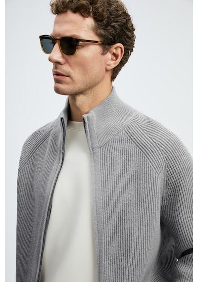Lufian Ardan Pamuk Karışımlı Fermuarlı Dik Yaka Erkek Triko Hırka 112100092 Vizon