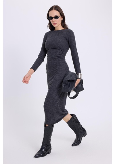 Tudors Kadın Slim Fit Dar Kesim Bisiklet Yaka Antrasit Elbise-41644 Antrasit