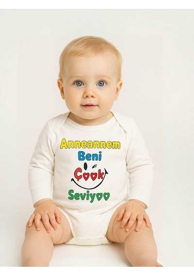 Zekids Bebek Anneannem Beni Çok Seviyor Yazılı Pamuklu Uzun Kol Çıtçıtlı Body-16096 Ekru