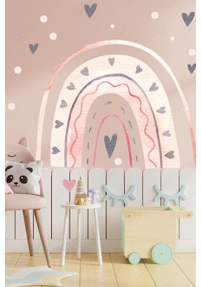 MSticker Pembe Tonlarda Gökkuşağı Ve Gri Kalpler Çocuk Bebek Odası Dekorasyon Sticker Seti