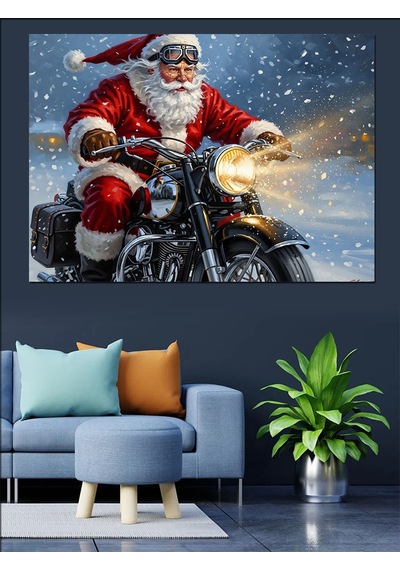 Motosiklet Süren Noel Baba Figürü Dekoratif Kanvas - Mdf Ahşap Tablo