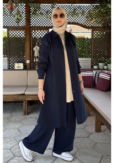 Rabia Şamlı İnci Pantolonlu Takım Lacivert Normal