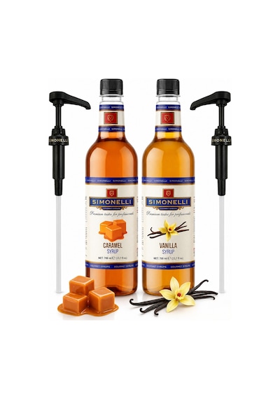 Simonelli Karamel + Vanilya Aromalı Gurme Şurup Paketi + Pompa Kahve ve Kokteyl Şurubu Seti 2 x 700 ML