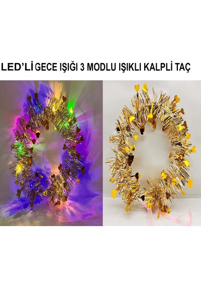 Kalp Püsküllü Gece Parıltısı 3 Modlu Led39li Işıklı Taç Altın Renk "