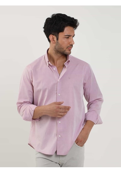 Dufy Bordo Erkek Regular Fit Düz Brent Düğmeli Yaka Uzun Kol Gömlek - 102224-bordo Bordo