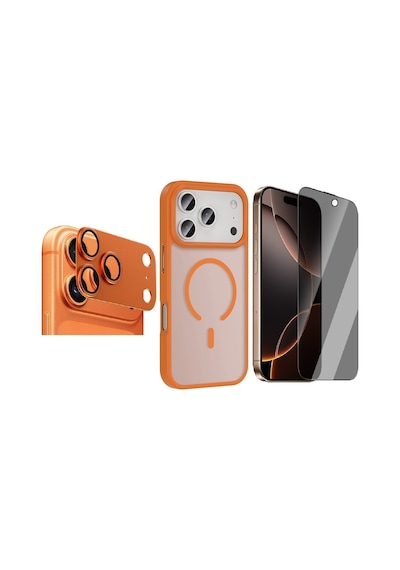 Vendas Apple iPhone Uyumlu  17 Pro Kılıf M-safe Şarj Özellikli Mat Arka Yüzey Zore Sio Kapak +lens +ekran Koruyucu Turuncu