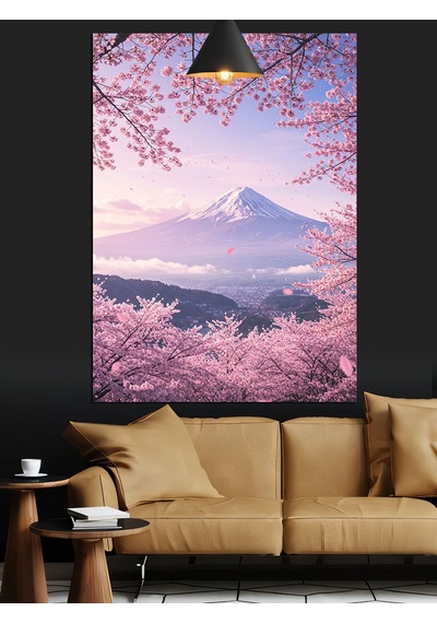 Japonya'da Kiraz Çiçekleri Arasında Fuji Dağı Dekoratif Kanvas - Mdf Ahşap Tablo