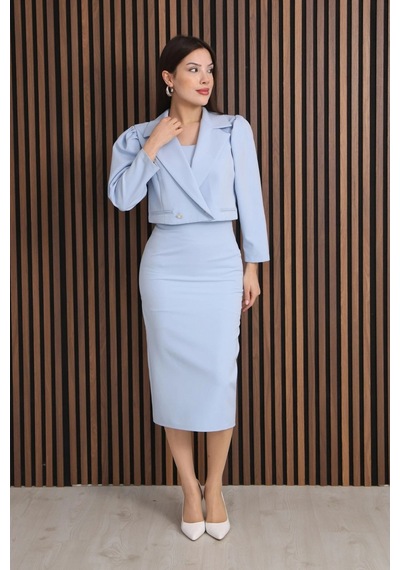 Lodmela Kruvaze Yaka Crop Ceketli Kalem Elbise Takım 2291-bebe Mavisi