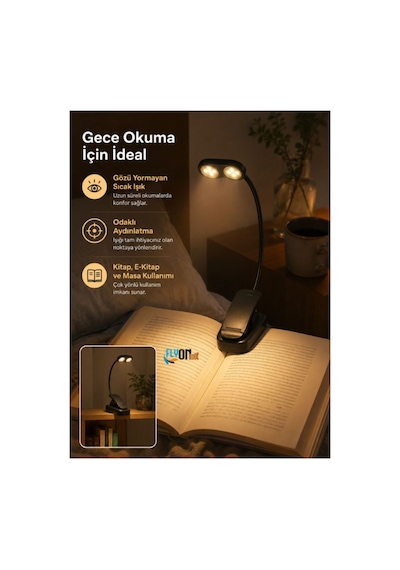 Gözü Yormayan Klipsli Kitap Okuma Işığı 3w Smd Led Mandallı Pilli Lamba 360 Esnek Boyun Sarı Ve Beyaz Işık Siyah