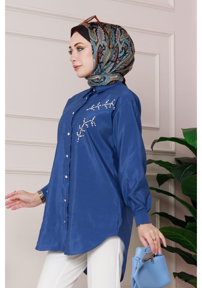 Sevitli Önü İnci Taş İşlemeli Tunik-mavi-4794 Mavi