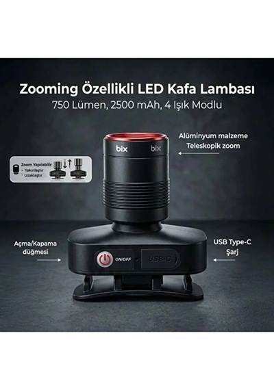 Bix Bxt1fl 10w Şarj Edilebilir Kafa Feneri 750 Lümen 2500mah 4 Işık Modlu Zoom Özellikli Led Kafa Siyah