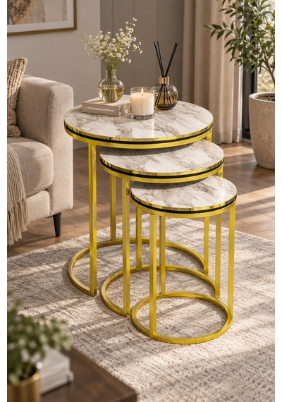 Sulorahome Efes Beyaz Mermer Desenli Gold Metal C Ayaklı 3'lü Zigon Sehpa Takımı Tablalar Beyaz Mermer / Ayaklar Gold