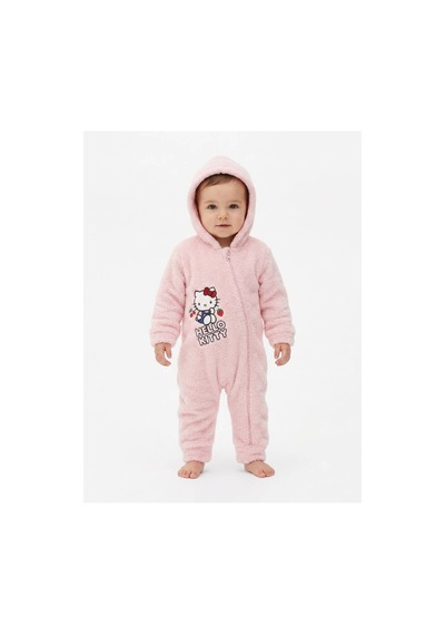 Hello Kitty Lisanslı Kız Bebek Welsoft Peluş Tulum Kapüşonlu Fermuarlı Kışlık Bebek Tulumu Pembe