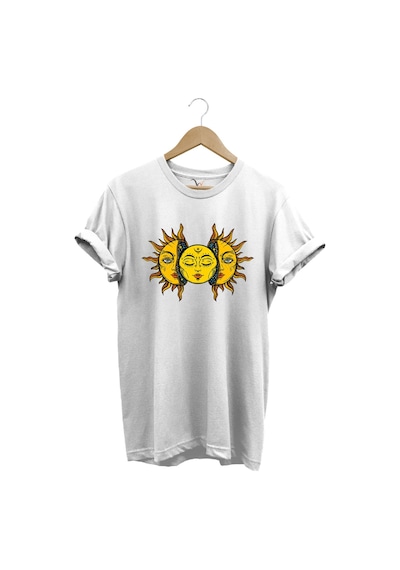 Güneş Baskılı %100 Pamuk Regular Fit Unisex T-shirt Beyaz