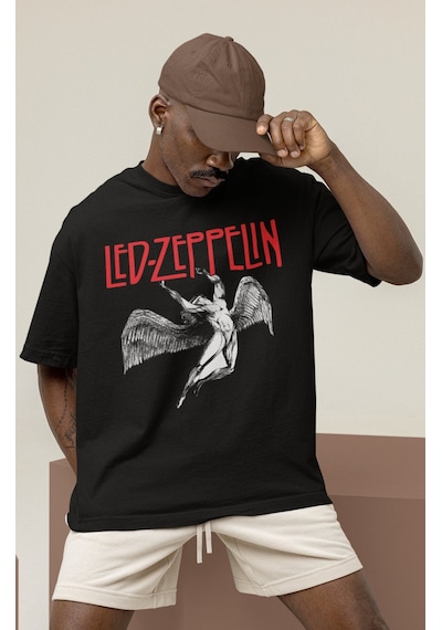 Tasarım Led Zeppelin Rock Metal Müzik Grubu Baskılı Unisex Oversi Siyah