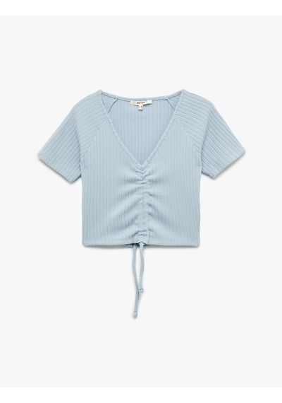 Koton Büzgülü Slim Fit V Yaka Kısa Kollu Crop Tişört Mavi 5sak50248ek Mavi