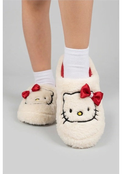 Modafocus Kız Çocuk Kedi Figürlü Peluş Panduf - Beyaz Beyaz