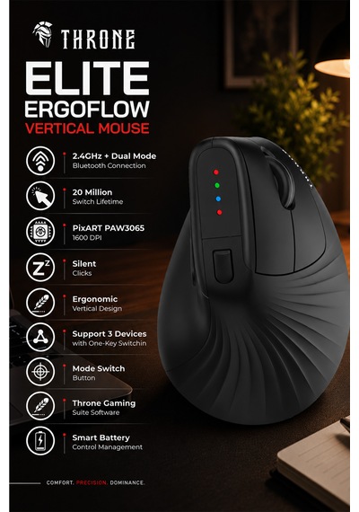 Elıte Ergoflow Dikey Ergonomik Kablosuz Mouse 2.4ghz + Bluetooth, 1600 Dpı, 20 Milyon Tıklama Ömrü