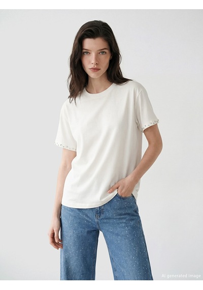 Lcw Comfort Beyaz Taşlı Soft Touch %100 Pamuklu Kadın Tişört