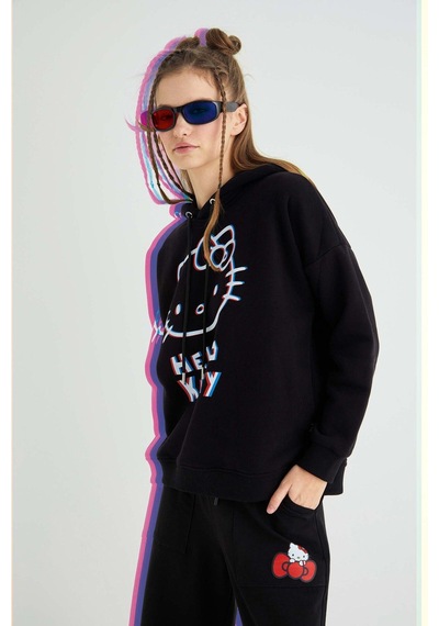 Hello Kitty Lisanslı Baskılı 3d Kapüşonlu Kalın Sweatshirt Renkli