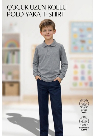 Erdem Kıds Unisex Kız Erkek Çocuk Polo Yaka Pamuklu Uzun Kol Gri Günlük Basic Okul Tişört Gri Gri