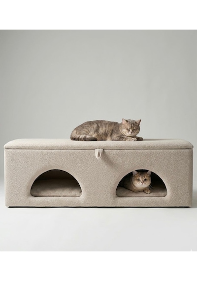 Uykula Çok Amaçlı Kedi Evi Ve Depolama Bankı Minderli, Kapaklı, Modern Tasarım Kedi Yuvası