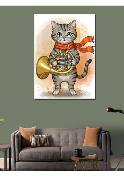 Kanvas Tablo Trombon Çalan Şirin Kedi 70cmx100cm