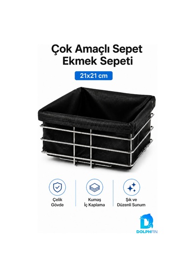 Çok Amaçlı Metal Ekmek Sepeti Kumaş İç Kaplamalı Kare 21x21 Cm Siyah