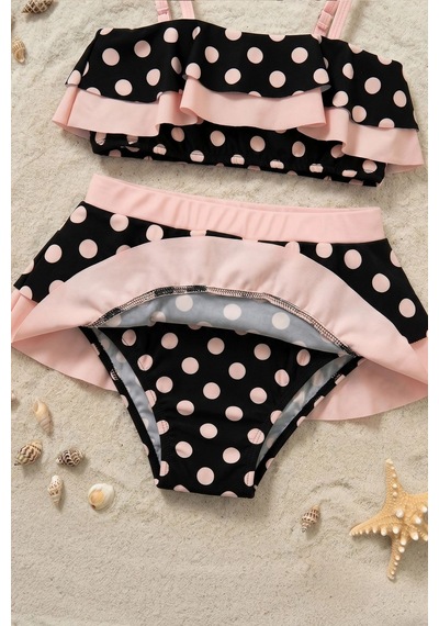 Zuzunga Puantiye Desenli Fırfırlı Siyah Renk Kız Çocuk Etekli Bikini Takımı