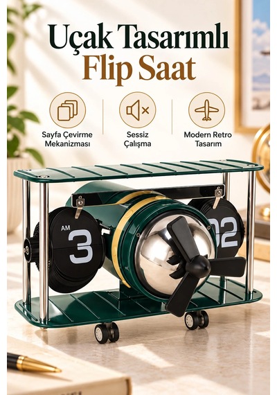 Exenar - Koyu Yeşil - Sayfa Çevirmeli Retro Uçak Tasarımlı Saat Flip Yaprak Masaüstü Mekanik Masa Saati Havacılık Temalı Vintage Beyaz - Yeşil Exenar - Koyu Yeşil - Sayfa Çevirmeli Retro Uçak Tasarımlı Saat Flip Yaprak Masaüstü Mekanik Masa Saati Havacılık Temalı Vintage Beyaz - Yeşil