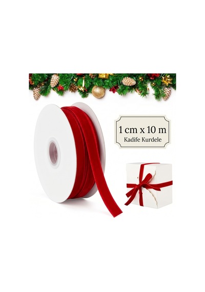 Kırmızı Kadife Kurdele, 1 Cm X 10 Metre, Yılbaşı Hediye Paketi Sü Standart
