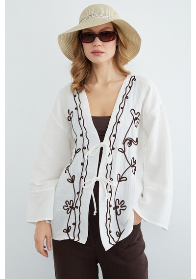 Fullamoda Nakışlı Önü Bağcıklı Keten Görünümlü Kimono Ekru