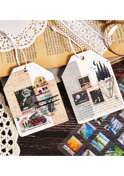 Vintage Pul Desenli Sticker Seti 4 Sayfa Scrapbook Etiketi 1