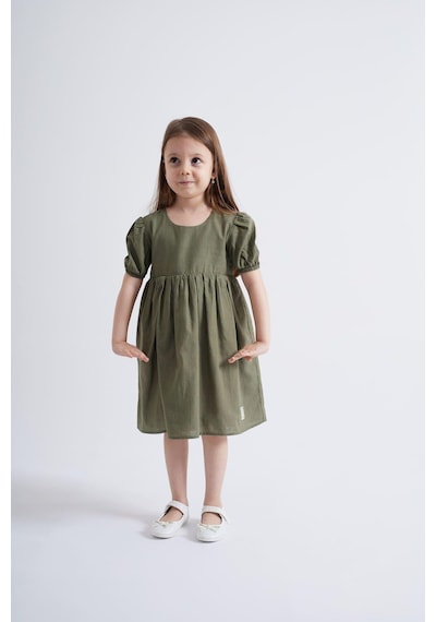 Oliventhekid Kolları Ve Beli Lastikli Kız Çocuk Elbise Haki Haki