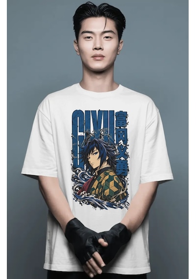 Unisex Oversize Giyu Tomioka Demon Slayer Anime Karakter Ön Baskı Beyaz