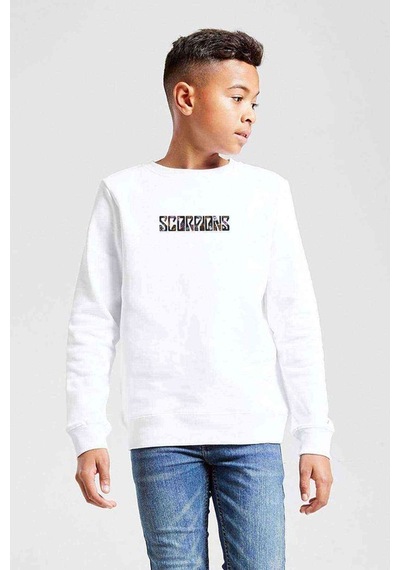 Tshirthane Scorpions Baskılı Unisex Çocuk Beyaz Sweatshirt Beyaz