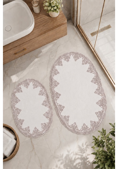 Beyaz 2'li Dantelli Kaymaz Deri Tabanlı Oval Banyo Paspası Güpürlü Yıkanabilir Banyo Takımı Piera Pudra