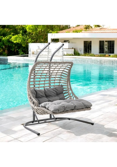 Bodrum Double Çiftli Rattan Bahçe Salıncağı Rehome Balkon Salıncağı Beyaz