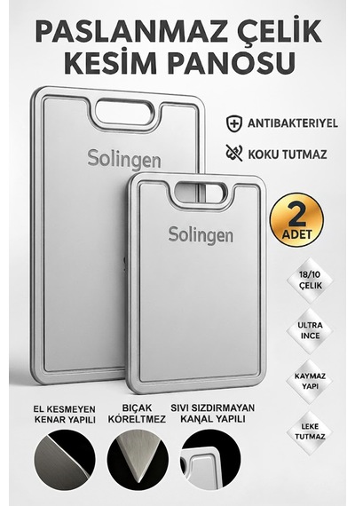 2'li Paslanmaz Çelik Kesme Tahtası Seti Yüzey Hijyenik Doğrama Kesim Panosu Solingen Siyah