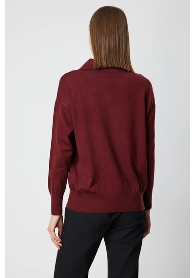 On Kadın Polo Yaka Zincir Detaylı Triko Kazak 66336 Bordo Bordo