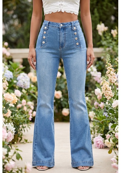 Soulshae Yüksek Bel Düğmeli Cepli Denim Pantolon Mavi
