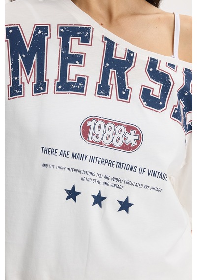 Tudors Kadın Oversize Geniş Kesim %100 Pamuk Kayık Yaka Kısa Kollu Baskılı Beyaz Tişört-50337