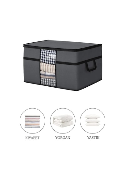 3 Adet Pencereli Yastık Saklama Hurcu - Mega Boy Yorgan Hurç Organizer Düzenleyici - 75 X 40 X 40 Cm Antrasit Diğer