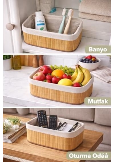 Bambu Meyvelik Sepeti 3 Lü Set Küçük, Orta, Büyük Boy Çıkarılabilir Kumaş Astarlı Doğal Ahşap Dekoratif Tezgah & Masa Üstü Organizer Large 000 Açık Krem