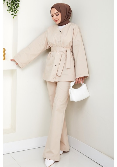 Bestenur Kemerli Ceket Pantolon Gabardin Takım 1557 - Bej Bej
