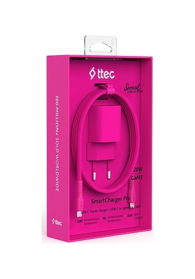 Ttec Smartcharger Gan 20w Pd Seyahat Hızlı Şarj Aleti + Usb-c - Lightning 120cm Kablo Neon Pembe